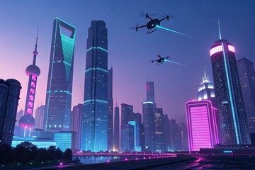 A futuristic city skyline glowing at night, with neon lights and flying drones.