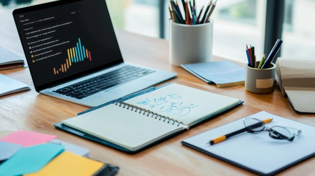 A contemporary smart notebook with digital handwriting recognition in a sleek study area, representing advancements in note-taking and personal organization, Study scene