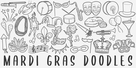 Mardi Gras Doodle Icons. Hand Made Line Art. Carnival Party Clipart Logotype Symbol Design.