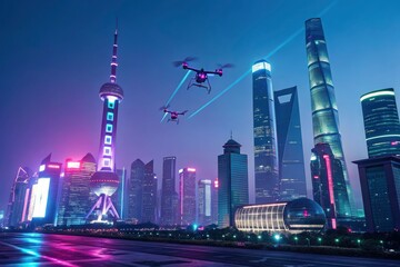 A futuristic city skyline glowing at night, with neon lights and flying drones.