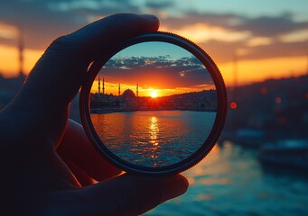 A man holding a photo filter in front of the Maiden Tower as the sun sets