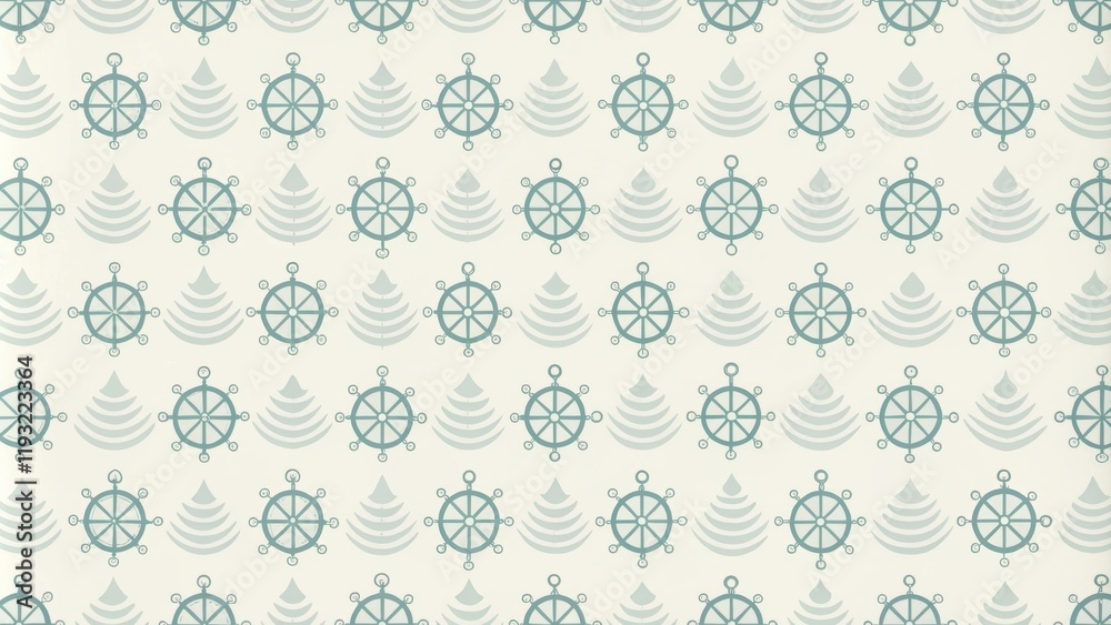 Poster seamless nautical wheel pattern design with wave accents
