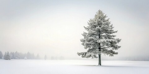 Serene Winter Landscape A Snow-Covered Pine Tree Stands Alone in a Foggy Field
