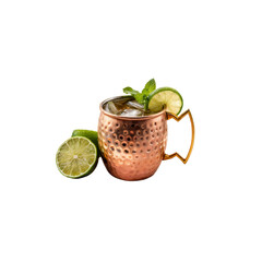 Moscow Mule Cocktail: Refreshing and inviting, a classic Moscow mule cocktail in a copper mug with lime wedges, mint, and ice.  The drink evokes the perfect summer evening.