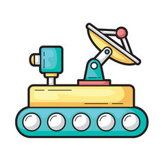 Tracked rover with satellite dish and camera suitable for futuristic exploration and technology concepts. Ideal for science fiction or robotics designs