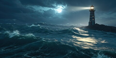 An eerie glow emanates from a faint light source in the midst of an unsettled ocean, light, ambiance