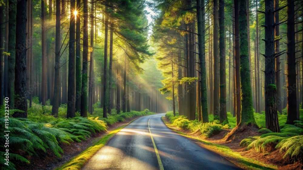 Poster sunlit path through a misty forest with lush green undergrowth