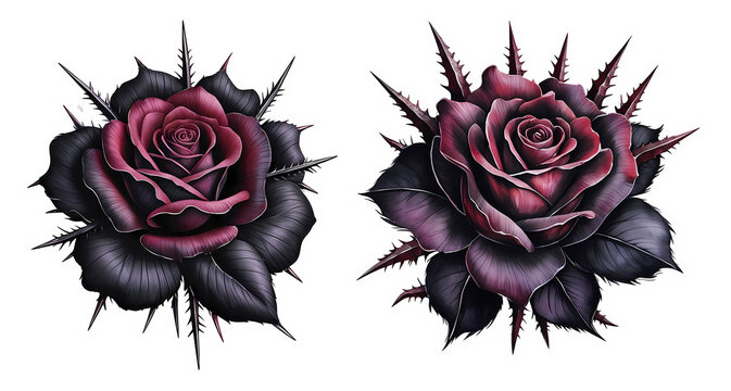 Intricate black and purple rose designs showcasing thorns and dramatic shadows for artistic inspiration