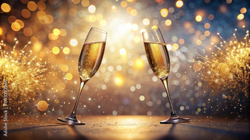 Poster a toast to celebration sparkling wine in flutes against a festive background of golden lights and fi