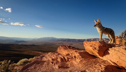 Generated image watchful coyote poised on a rocky outcrop overlooking the desert landscape with mountain