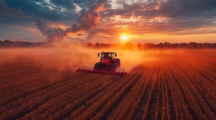 Fototapeta premium Red Tractor Working in Golden Field at Sunset with Dramatic Sky and Dusty Atmosphere Creating a Beautiful Agricultural Scene of Rural Life