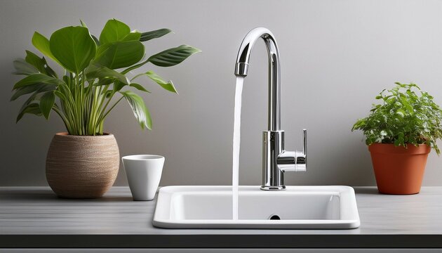 modern faucet with running water and plant in pot