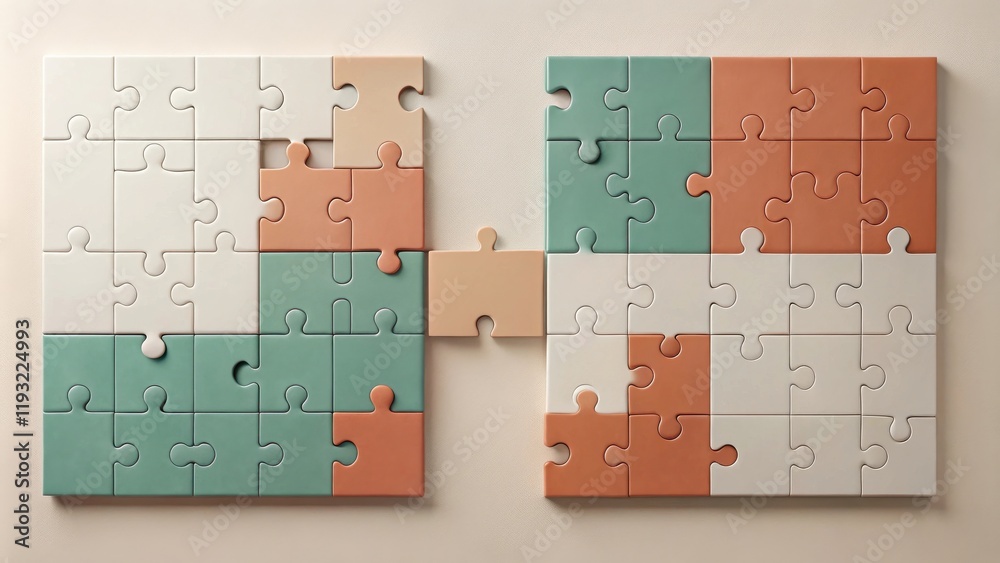 Poster connecting the dots two pastel-colored jigsaw puzzles needing one final piece to complete the image