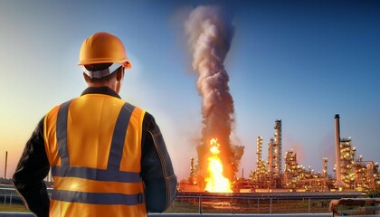 engineer in uniform and safety helmet observing a burning chimney at an oil refinery practical safety and industrial operations copy space