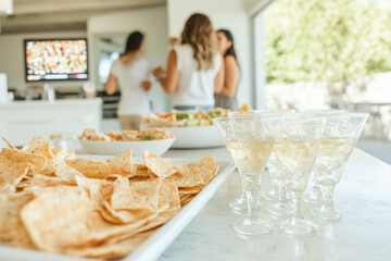 Group of young adults mingling near table with chips and drinks, background