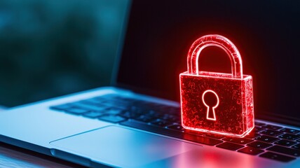 A scam alert displayed on a laptop, with a holographic lock icon glowing red to emphasize the breach.