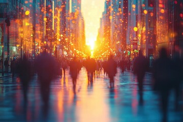 Obraz premium abstract blurred background of a bustling shopping street, with people in motion creating a dynamic atmosphere, enhanced by soft bokeh effects and warm sunset tones