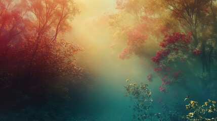 Enchanting Autumn Forest with Fog and Colorful Foliage in a Dreamlike Scene