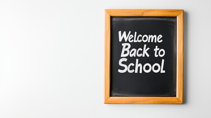 Obraz premium A clean chalkboard sign is framed in wood, featuring welcoming text about returning to school. The minimalistic design emphasizes the bright message for students at the start of a new academic year.