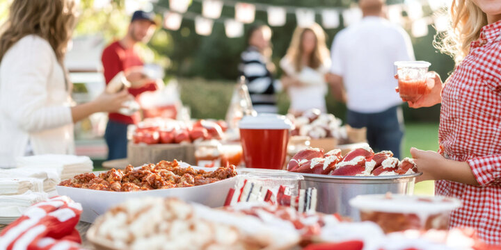 Outdoor tailgate party with diverse group enjoying food and drink festivities