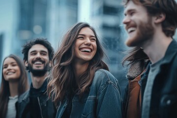 Obraz premium Group of young friends laughing and smiling together in an urban setting with a joyful atmosphere