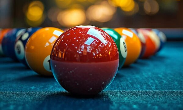 A close-up of a red billiard ball among colorful pool balls.