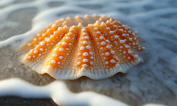 A close-up of an orange scallop shell on a sandy beach.