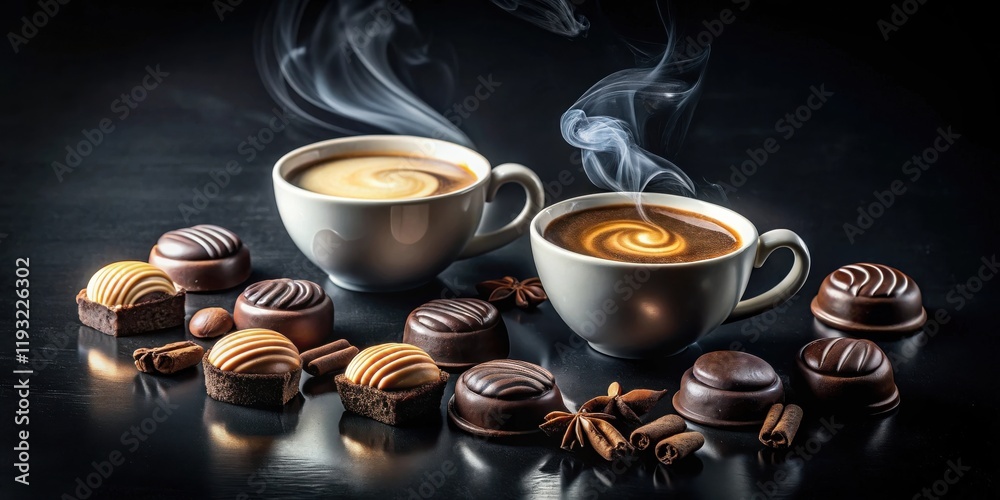 Aufkleber two steaming cups of coffee alongside an assortment of assorted chocolates and spices on a dark surf
