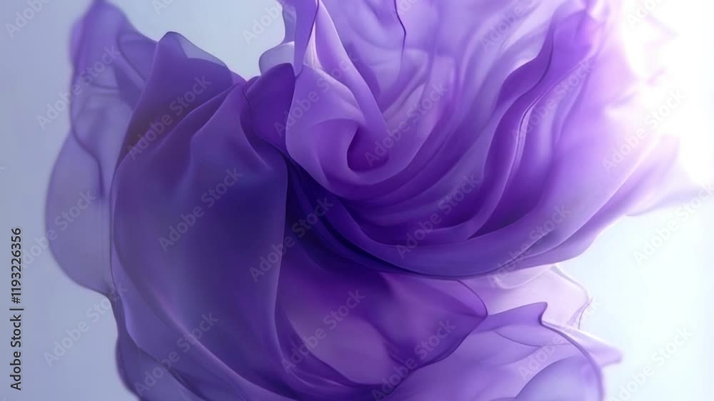 Poster Three-dimensional abstract animation with soft, wavy shapes of transparent fabric in shades of purple and lavender. Contemporary style with dynamic motion