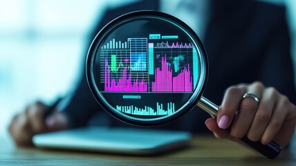 A business professional examines colorful data visualizations through a magnifying glass, highlighting analytics and insights in a modern workspace.