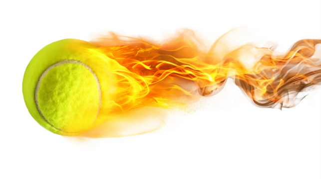 Burning tennis ball flying with flames isolated on white and transparent background, cut out png