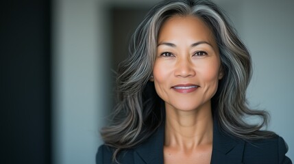 A smiling Asian businesswoman looks directly at the camera, radiating confidence in a professional setting. Her elegant appearance and friendly expression make a positive impression in the workplace.