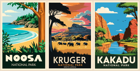 Set of Retro National Parks posters, Vintage travel illustrations. Trendy printable wall art with beautiful landscapes. Vector colorful illustrations.