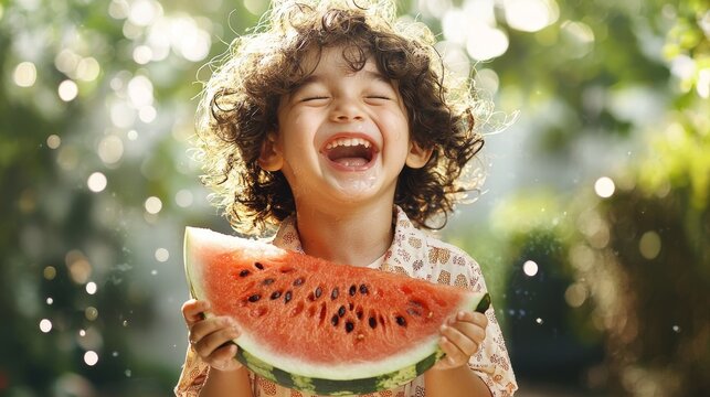 Joyful Child Holding a Large Slice of Juicy Watermelon with a Bright Smile in a Summer Garden Setting