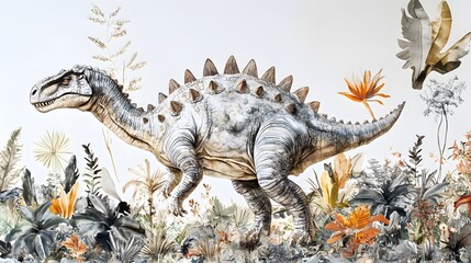 Fototapeta premium 8. A stegosaurus walking through a lush prehistoric jungle, with a soft white background