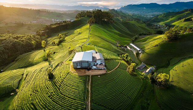 Generated image  Overhead view of a small tea factory nestled amidst rolling green hills