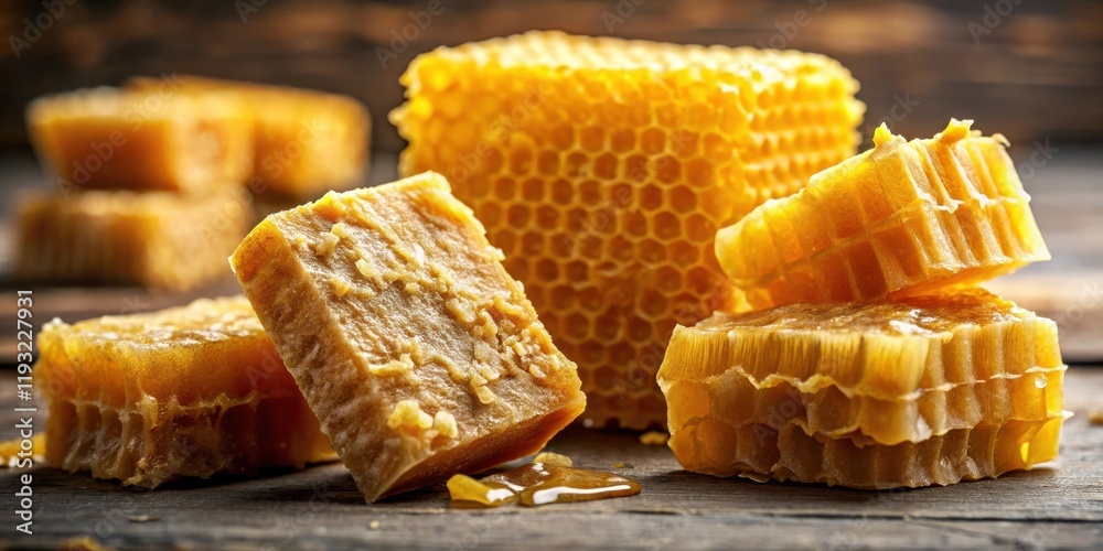 Poster golden honeycomb blocks and sweet honey drizzle on rustic wooden surface