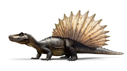 Fototapeta premium 10. A dimetrodon basking by a prehistoric lake, set against a crisp white background