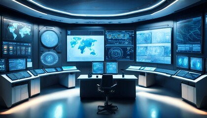 Naklejka premium futuristic control room with advanced digital screens and interf