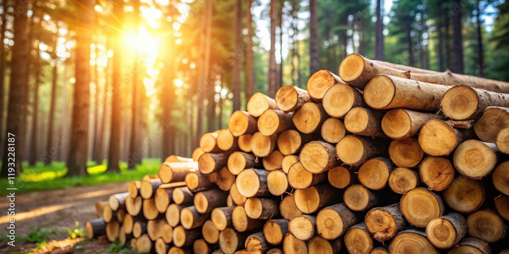 Poster A sunlit forest path leads to a large stack of neatly arranged tree logs in a lush woodland setting.