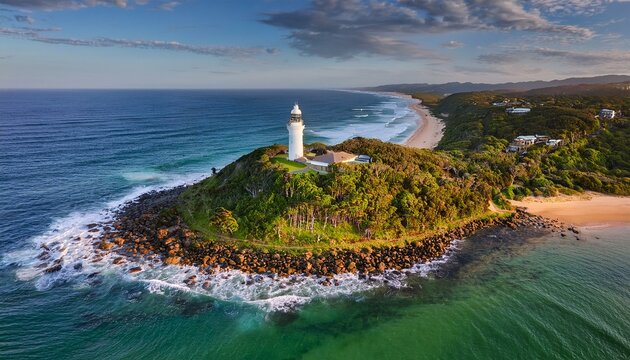 Generated image Drone shot of the lighthouse at Dondra Head surrounded by lush greenery and ocean views