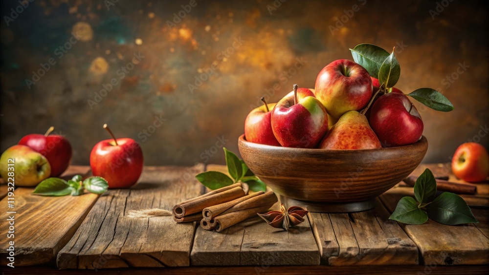 Poster Rustic wooden bowl overflowing with ripe red apples and a pear, complemented by cinnamon sticks and star anise on a weathered wooden surface.