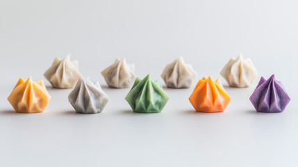 Colorful dumplings arranged in row, showcasing unique geometric shapes