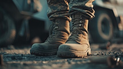 Military boot camp and basic training concept with boots at attention. 