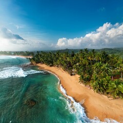Fototapeta premium Generated image Drone view of Mirissa Beach with its golden sands, swaying palm trees, and turquoise waters