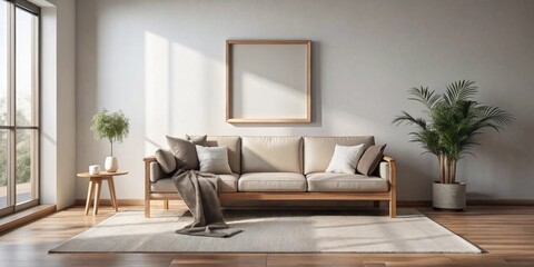 Serene Living Room with Neutral Tones and Natural Light Featuring a Wooden Sofa and Empty Frame