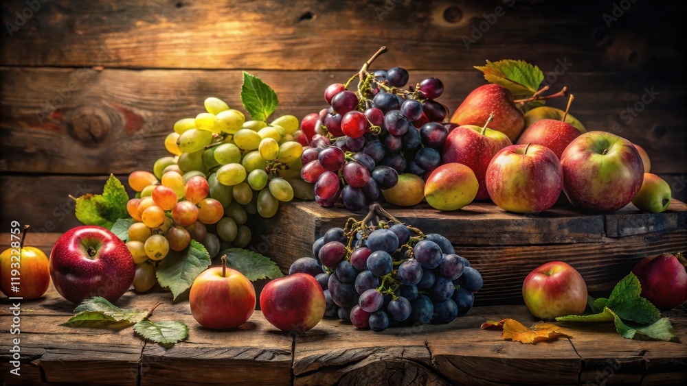 Poster a rustic still life featuring a bountiful harvest of ripe red and green apples and various types of 