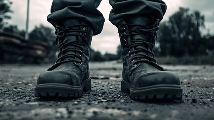 Military boot camp and basic training concept with boots at attention. 