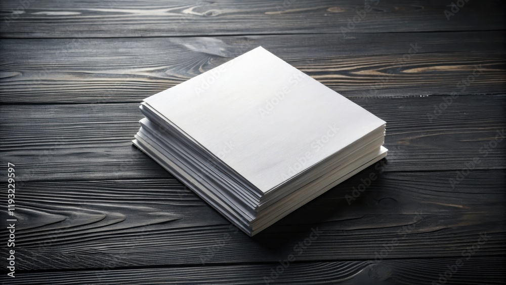 Poster stack of blank paper sheets on dark wooden surface