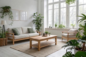 A minimalist Scandinavian living room with natural wood furniture and green plants.
